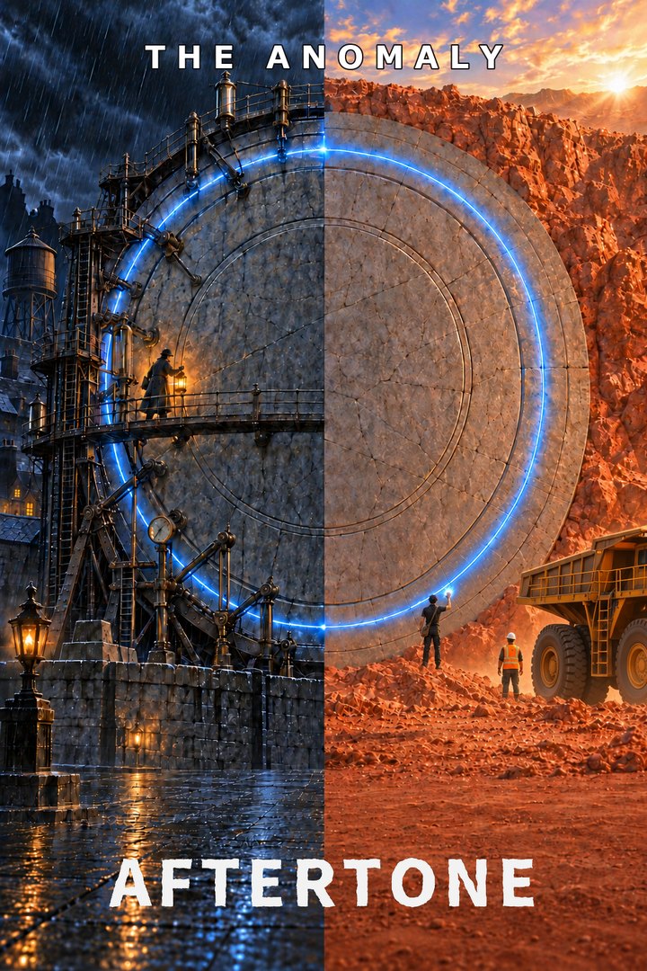 Aftertone chapter one. One stone ring on two worlds: a nine-hundred-year iron measuring frame in the rain on the left, a red mine highwall at dawn on the right, and a man with his hand on the stone, lighting it.