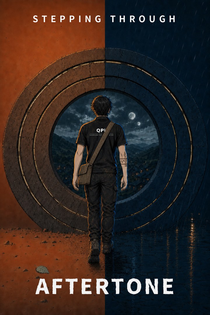 Aftertone chapter two, Stepping Through. The same figure walks away into the open circle, a rain-lit valley and two moons visible beyond it.