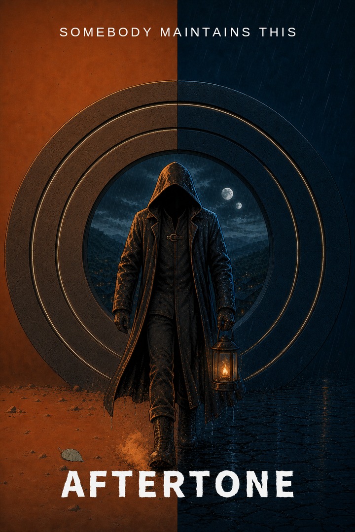 Aftertone chapter three, Somebody Maintains This. A hooded figure in a long coat walks out of the stone circle carrying a lit hand-lantern, red desert on one side and blue rain on the other.