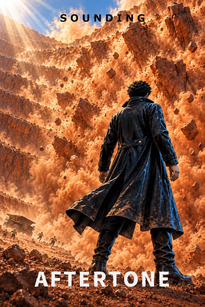 Aftertone chapter four, Sounding. A whole bench of an open-cut highwall shears away in a wall of orange dust while one man in a long dark coat stands motionless in the foreground, watching it come.
