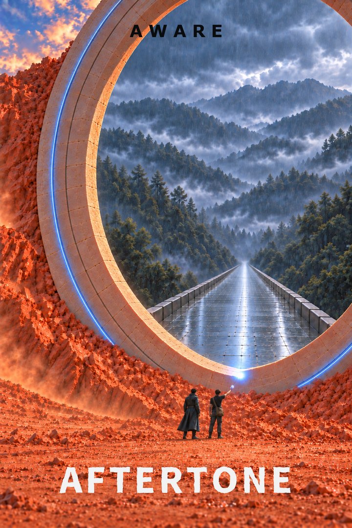 Aftertone chapter five, Aware. Two figures stand before a vast stone ring on a slope of red rubble; through the ring, a rain-soaked forest and a stone road running away under a grey sky.